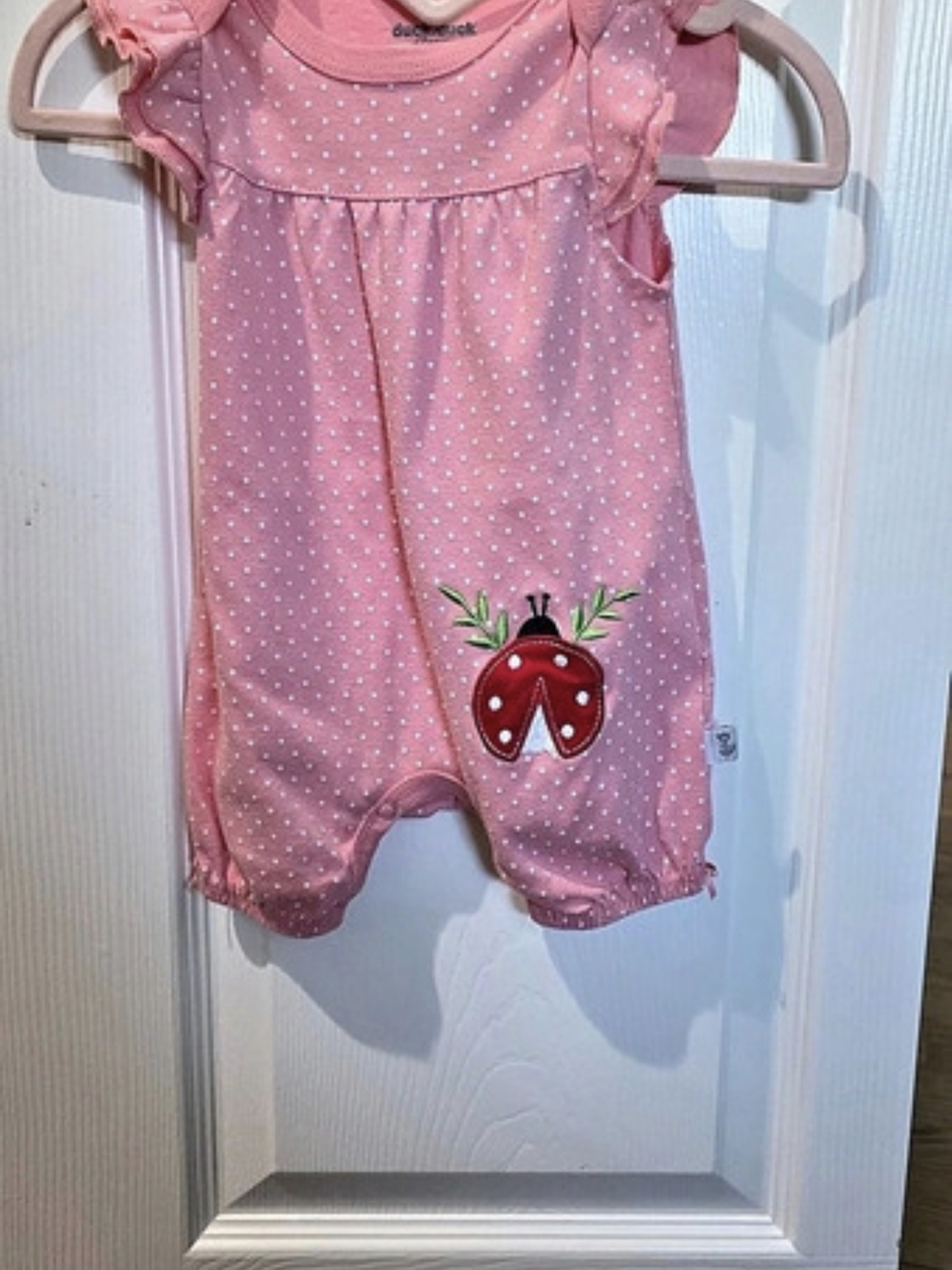 Duck Duck Goose Pink Polka Dot Ladybug Romper Pink & White Baby 6-9M